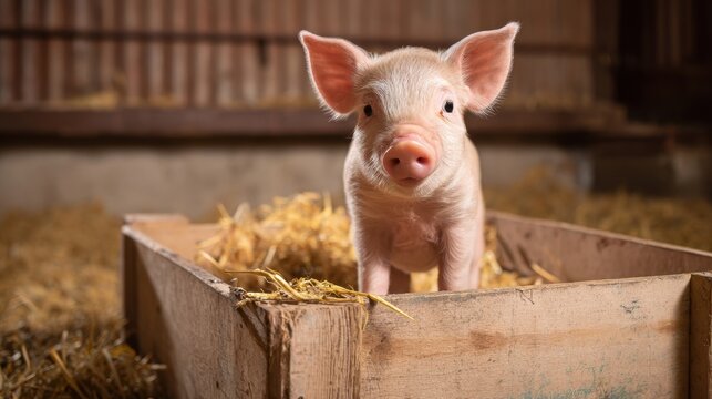 Young piglet in a cozy barn surrounded by straw bedding