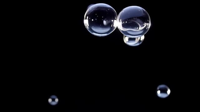 Transparent floating bubbles on a deep black background, realistic glass reflections and highlights