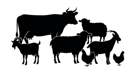 Fototapeta premium Silhouette collection of farm animals including a cow, sheep, goats, and chickens, representing livestock and agriculture