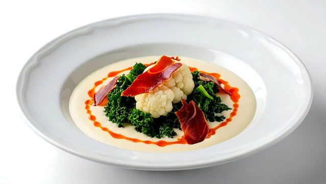 Haute cuisine. Spanish crema de coliflor y col rizada (cream of cauliflower and kale), garnished with crispy jam&oacute;n ib&eacute;rico and smoked paprika oil, in a white porcelain soup plate 