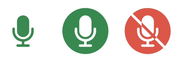Three microphone icons showing different states a simple green microphone a green circle with microphone and a red circle with a muted microphone © Moni