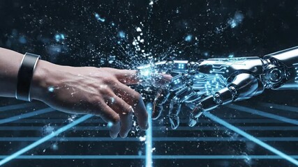 A Human Hand Touching a Robotic Arm With DNA Structure, Futuristic Technology Concept - Powered by Adobe