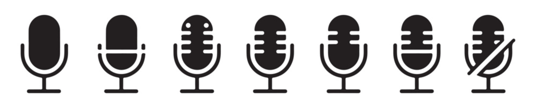 Minimalist microphone icon set black silhouette mic symbols voice recording audio sound podcast interview