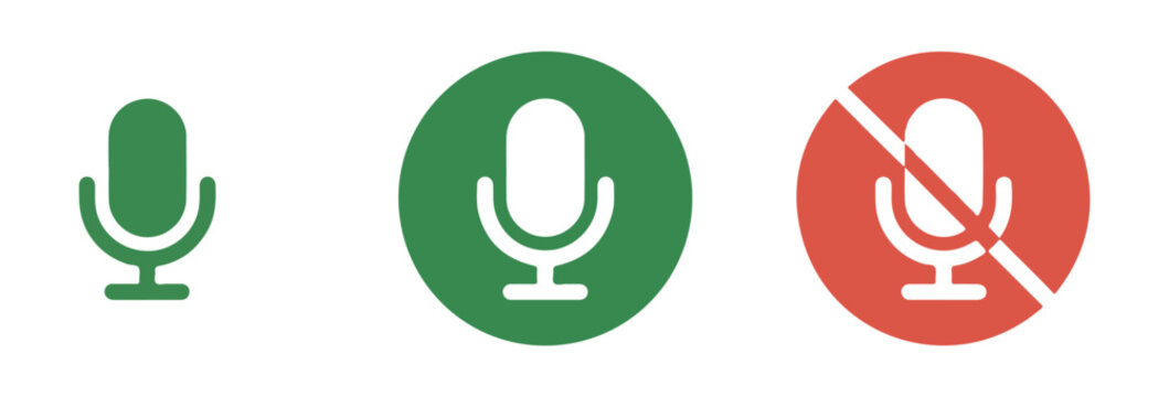 Three microphone icons showing different states a simple green microphone a green circle with microphone and a red circle with a muted microphone