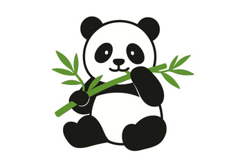 Obraz premium Cute Cartoon Panda Sitting and Eating Bamboo Leaves Illustration with Black Background and Green Foliage Detail