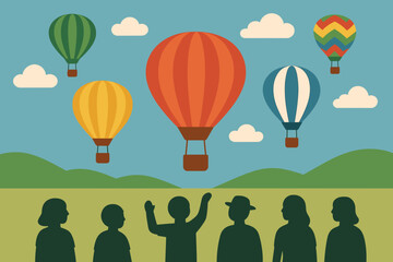 Diverse hot air balloons ascend into the sky above a silhouetted crowd enjoying a scenic landscape with rolling hills and fluffy clouds under a clear blue sky creating a festive atmosphere.