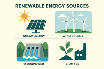 Diverse Renewable Energy Sources Illustrated Solar Wind Hydropower Biomass with Sun Mountains Turbines Dam Factory and Plant