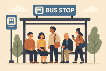 Diverse Group of People Waiting at a Pixelated Bus Stop Under a Cloudy Sky with Green Trees and a Bus Symbol Signage on a Light Brown Background