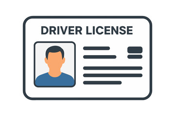 Illustration of a driver license identification card featuring a silhouette portrait and personal details on a white background with blue text and dark blue suit illustration