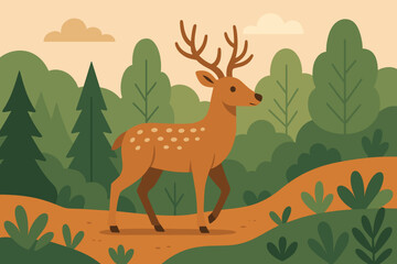 Majestic Buck Deer With Antlers Walks Through A Pixelated Forest With Green Trees And Orange Path In Golden Hour Light