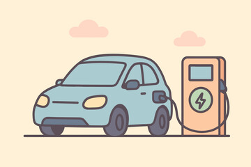 Light Blue Electric Car Charging At A Retro Style Charging Station With Green Lightning Bolt Symbol Under Soft Pink Clouds And Pastel Yellow Sky