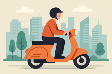 Man wearing orange shirt and black helmet riding an orange scooter through a city with trees and buildings in the background under a cloudy sky