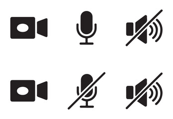 Camera, microphone, and speaker icons illustrating muted audio and disabled video functionality