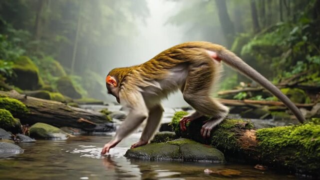 Monkey drinking water from a stream in a lush green forest on a mossy rock in the daytime monkey video