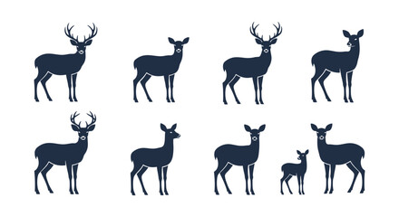Set of eight stylized deer silhouettes in various poses, including adult stags with antlers and smaller fawns, against a white background, representing wildlife and nature