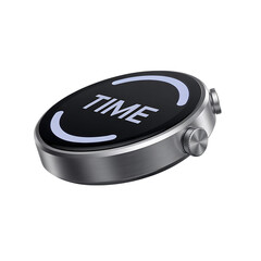Silver smartwatch displaying time black digital display