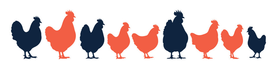 A colorful collection of chicken silhouettes in various sizes and poses, perfect for farm-themed designs and agricultural branding