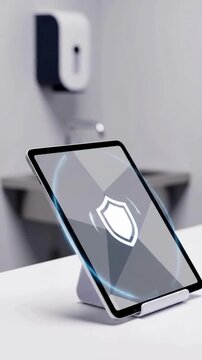 A tablet with a digital protection sign signifying cloud security, secure connection, online identity protection, and parental guidance for the internet