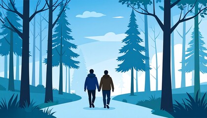 Two Men Walking Hand-in-Hand in a Forest Path.