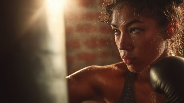 Hispanic female boxer striking a heavy bag in a sunlit warehouse gym. Powerful, sweaty, and authentic boxing fitness energy. Female athlete, woman training for power and muscles. Healthy lifestyle. - Powered by Adobe