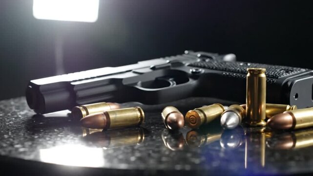 Black handgun and bullets arranged on a reflective surface with a spotlight in the background
