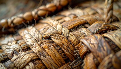 Close-up of woven natural fibers in warm brown tones, creating an organic, textured pattern with interlacing strands