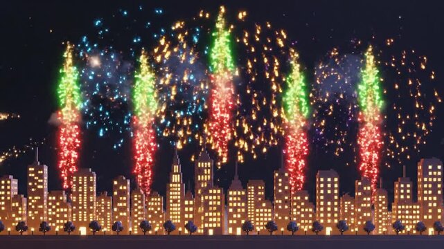 Pixelated city skyline with colorful fireworks display for a festive celebration at night