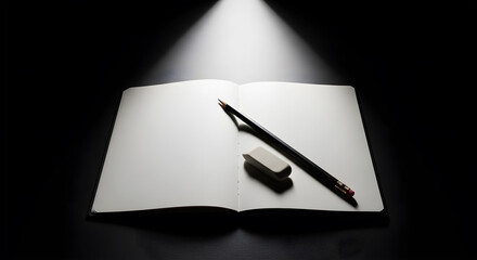 Open Blank Notebook with Pencil and Eraser Under Spotlight pages white
