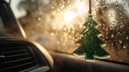 Green Christmas Tree Air Freshener Hanging in a Wet Car Interior
