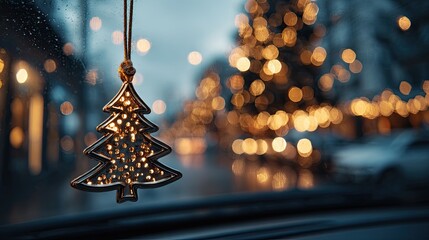 Christmas Tree Ornament Hanging on Car Rearview with Bokeh Background