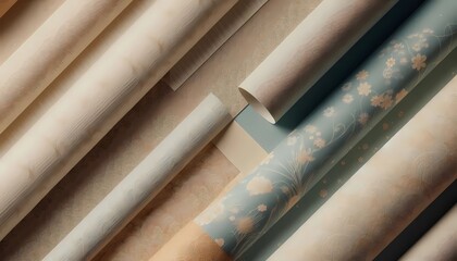 様々な和柄・テクスチャの壁紙ロールセット。デザインとパターンのモックアップ
Set of Rolled Wallpaper and Wrapping Paper with Japanese Patterns. Design Mockup