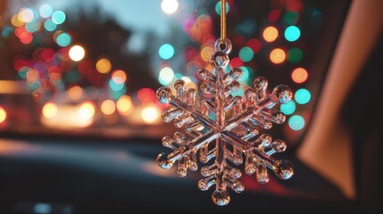 Sparkling Snowflake Ornament Hanging in Car with Holiday Lights
