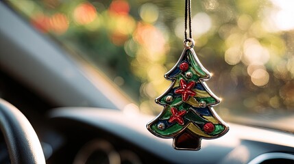 Christmas Tree Ornament Hanging in Car with Blurry Background Effects