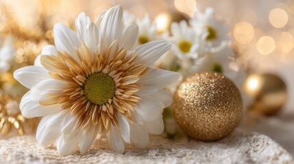 Elegant Flower Arrangement with Golden Christmas Decorations