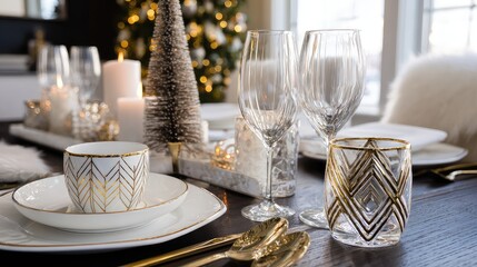 Elegant Holiday Table Setting with Glassware and Decorative Elements