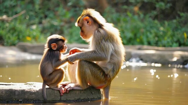 Two monkeys sitting on a rock in water with forest background in the sunshine outdoors scene monkey video