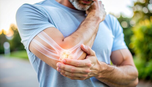 Man holding his painful elbow with highlighted joint area, illustrating elbow pain, injury, inflammation, arthritis symptoms, physical strain, healthcare concepts, and medical awareness.