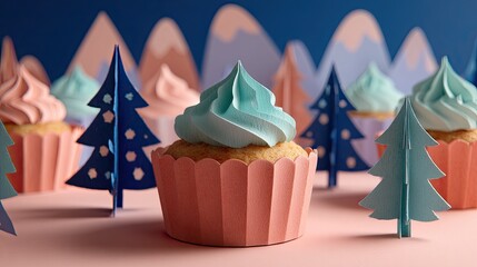 Colorful Cupcakes with Cream Frosting Surrounded by Paper Trees