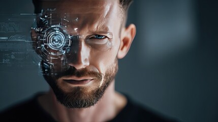 Futuristic Cybernetic Man with Digital Interface and Intense Gaze