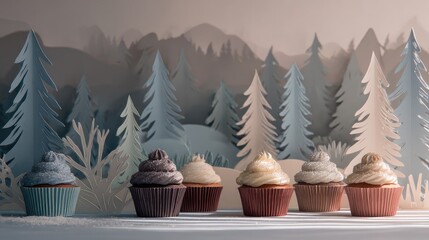 Colorful Cupcakes in a Papercut Forest Scene with Soft Lighting