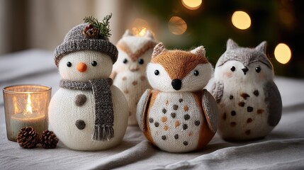 Cozy Winter Scene with Handcrafted Snowman and Woodland Creatures