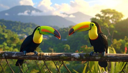 Two Toucans on a Fence in a Tropical Setting.