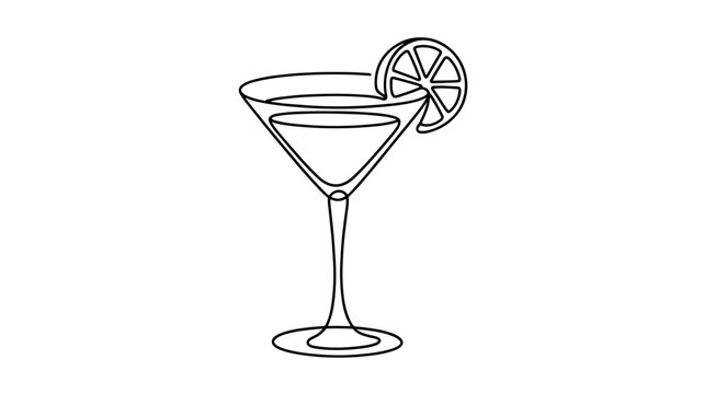  continuous line drawing of a cocktail glass, likely a martini or cosmopolitan glass, garnished with a citrus slice