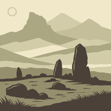 Stylized illustration of a prehistoric megalithic stone circle standing on a grassy hill with layered mountains and a pale moon in the sky