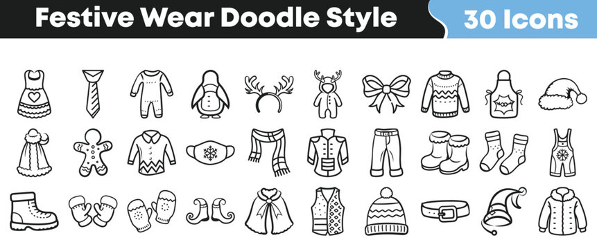 Collection of thirty hand drawn festive wear icons in a simple doodle style perfect for holiday design projects and seasonal graphics on transparent background
