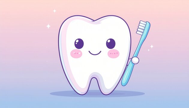 Cute cartoon tooth holding a toothbrush with a friendly smile on a soft pastel background, ideal for dental hygiene, oral care education, kids dentistry, healthcare concepts, and branding.