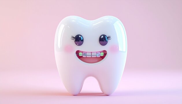 Cute smiling cartoon tooth with shiny braces on a soft pastel background, ideal for orthodontics, dental care concepts, oral health education, kids dentistry, and friendly branding.