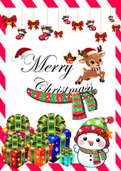 Festive Christmas Holiday Flyer Design with Gifts, Snowman, and Reindeer
