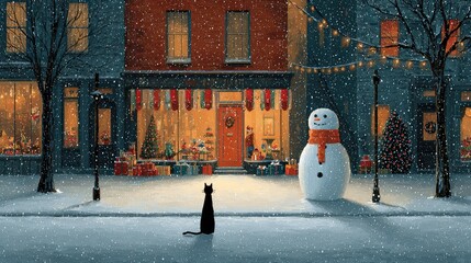 Charming Winter Scene with Snowman and Cat in Festive Atmosphere