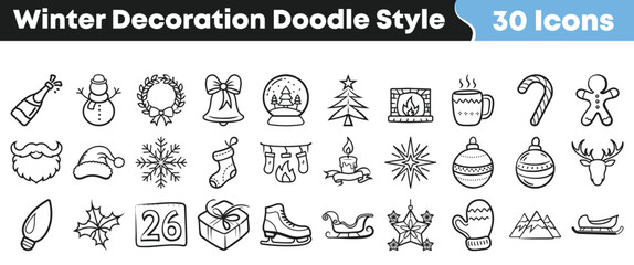 Thirty charming black and white doodle style icons representing various winter holiday decorations and festive seasonal elements for design projects on transparent background